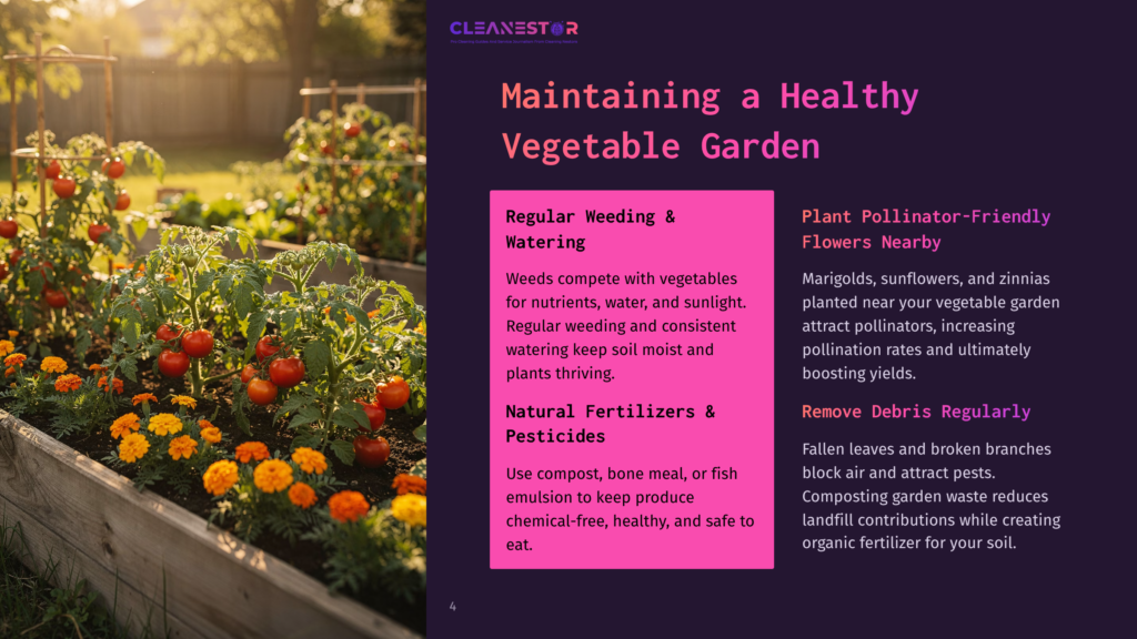 4 Maintaining A Healthy Vegetable Garden A Raised Garden Bed Overflowing With Vibrant Red Tomatoes And Bright Orange Marigolds, Showcasing Healthy Vegetable Gardening Practices And Attracting Pollinators.