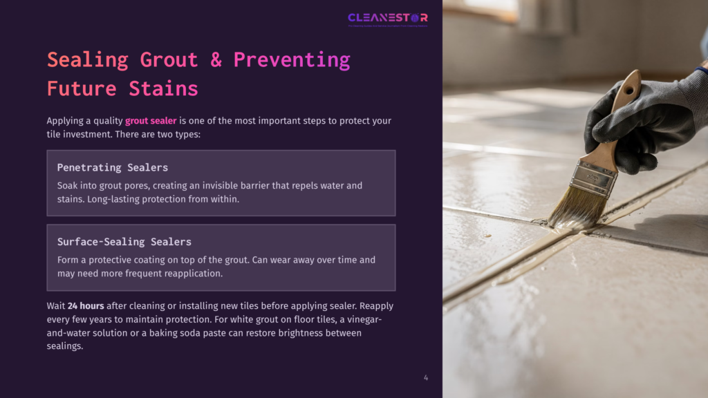 A Gloved Hand Uses A Brush To Apply Clear Grout Sealer To A Tiled Floor, Demonstrating Grout Sealing And Preventing Future Stains.