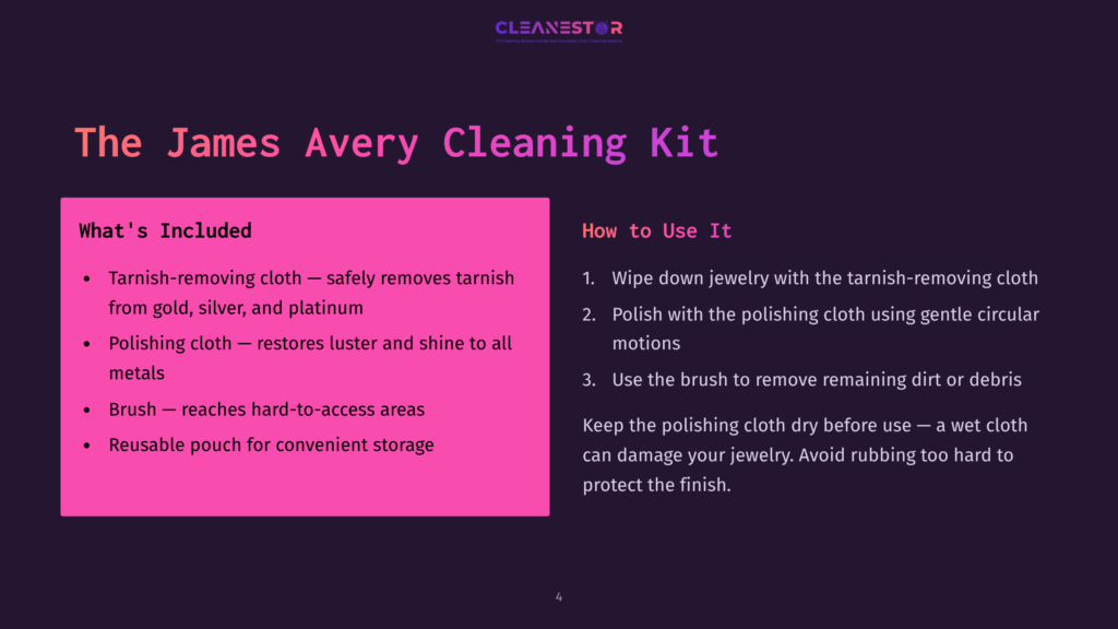The James Avery Cleaning Kit Includes A Tarnish-Removing Cloth, Polishing Cloth, And Brush, With Instructions For Use. The Kit Is Presented On A Pink Background.