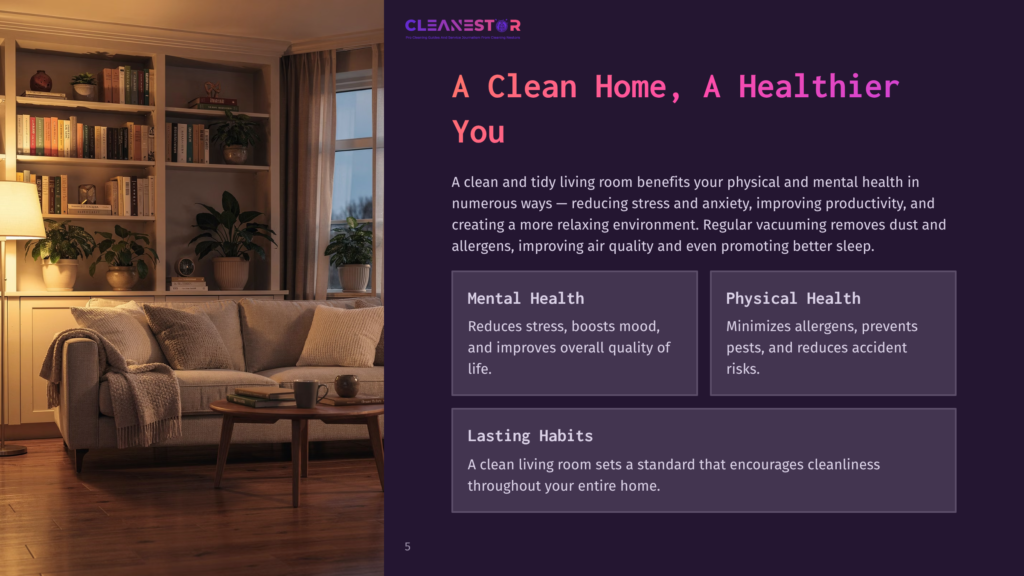 5 A Clean Home A Healthier You A Cozy, Clean Living Room With A Plush Sofa, Bookshelves, And Plants, Illuminated By Soft Lighting. Text Overlay: &Quot;Cleanestor: A Clean Home, A Healthier You.