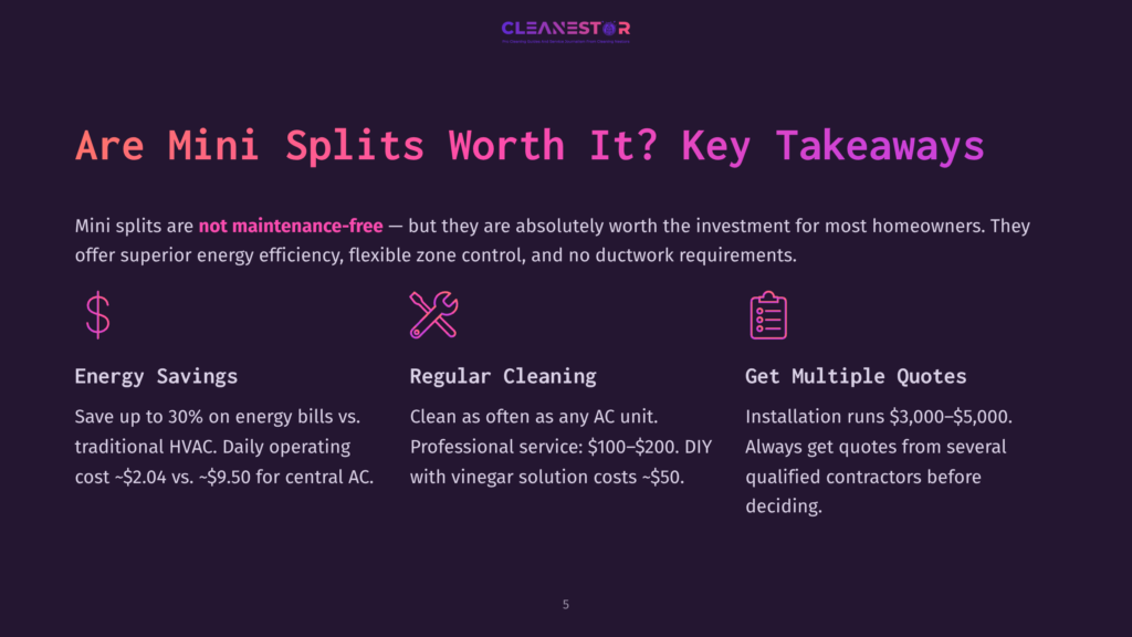5 Are Mini Splits Worth It Key Takeaways Infographic Titled &Quot;Are Mini Splits Worth It? Key Takeaways&Quot; With Icons For Energy Savings, Regular Cleaning, And Getting Quotes. Text Highlights Benefits Like Energy Efficiency And Low Maintenance.