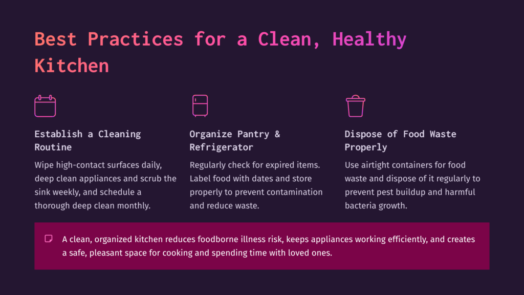 Infographic With Text: &Quot;Best Practices For A Clean, Healthy Kitchen.&Quot; Features Icons For Cleaning Routine, Pantry Organization, And Food Waste Disposal.
