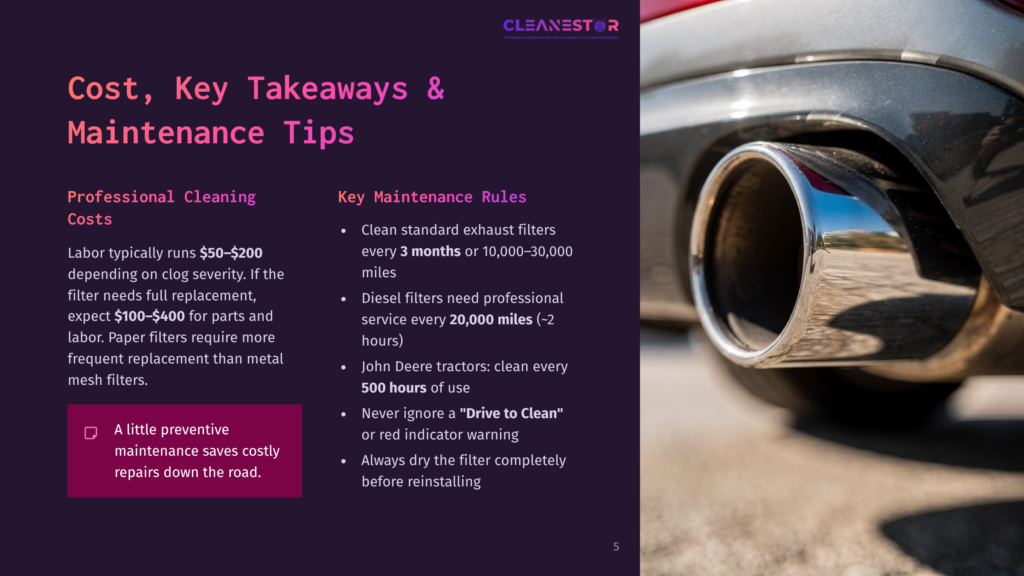 5 Cost Key Takeaways And Maintenance Tips Close-Up Of A Shiny Chrome Exhaust Pipe On A Car, With A Blurred Background Of A Dark Road. Text Overlay: &Quot;Cleanestor Professional Cleaning Costs &Amp; Maintenance Tips&Quot;.