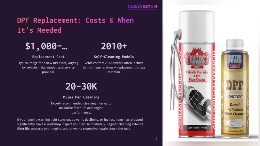 A Can Of &Quot;Motor Power&Quot; Diesel Particulate Filter Cleaner, Labeled &Quot;German Technology,&Quot; Sits Next To A Bottle Of The Same Product, With Text Detailing Dpf Replacement Costs And Mileage For Cleaning.