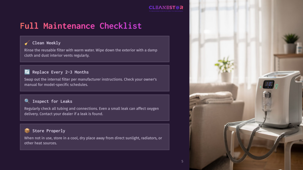A White And Silver Cpap Machine Sits On A Table Next To A Plush Armchair, With A Checklist For Cpap Machine Maintenance Displayed On A Purple Background To The Left.