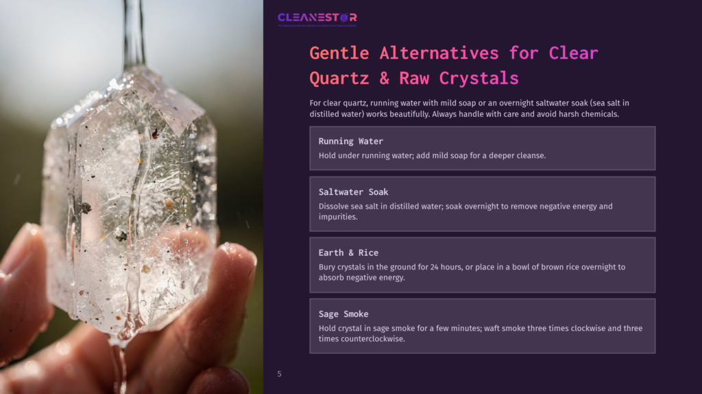 5 Gentle Alternatives For Clear Quartz And Raw Crystals Close-Up Of A Clear Quartz Crystal With Inclusions, Held By A Hand Under Running Water, With Text Overlay: &Quot;Cleanestor Gentle Alternatives For Clear Quartz &Amp; Raw Crystals.