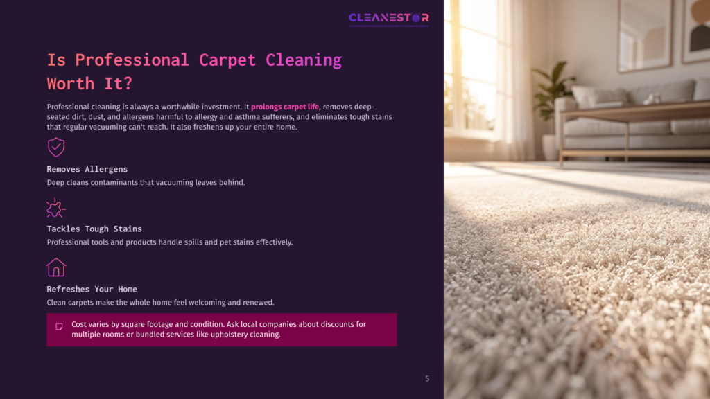 Close-Up Of A Plush, Cream-Colored Carpet With Deep Fibers, Bathed In Soft, Natural Light Streaming From A Window. Text Overlay Promotes Professional Carpet Cleaning Services.