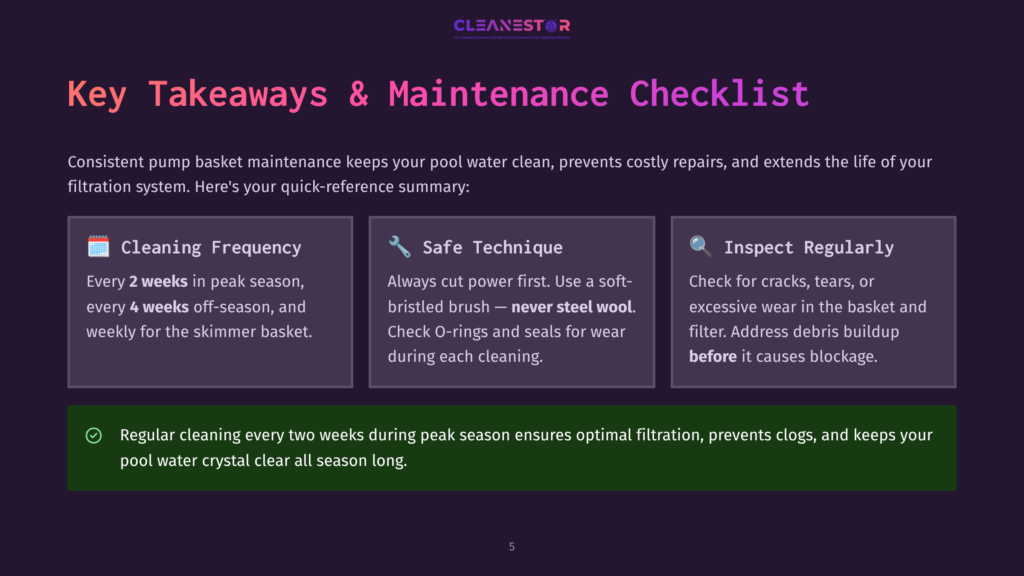 A Dark Purple Graphic With A Dark Purple Overlay Displays &Quot;Key Takeaways &Amp; Maintenance Checklist&Quot; In Large White Text. Below, Three Boxes Offer Tips On Cleaning Frequency, Safe Techniques, And Inspection, With A Green Banner At The Bottom Summarizing Cleaning Advice.