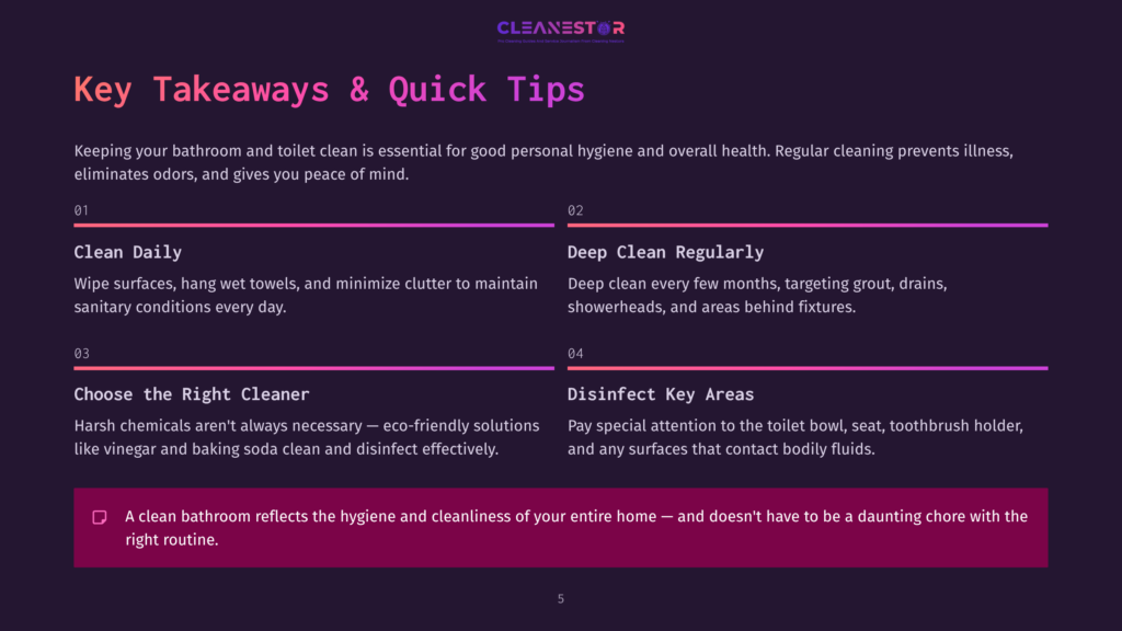 Presentation Slide Titled &Quot;Key Takeaways &Amp; Quick Tips&Quot; From Cleanestor, Offering Advice On Daily And Deep Bathroom Cleaning, Choosing Eco-Friendly Cleaners, And Disinfecting Key Areas.