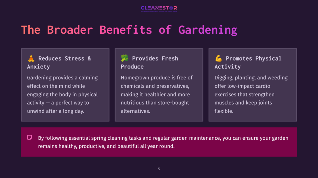 5 The Broader Benefits Of Gardening A Dark Purple Slide Titled &Quot;The Broader Benefits Of Gardening&Quot; With Three Columns Detailing How Gardening Reduces Stress, Provides Fresh Produce, And Promotes Physical Activity.