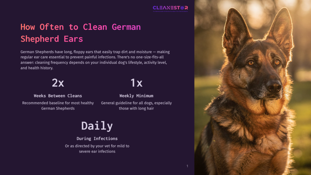 Close-Up Of A German Shepherd'S Face At Sunset, With Text Overlay About Cleaning Frequency For German Shepherd Ears: &Quot;How Often To Clean German Shepherd Ears.