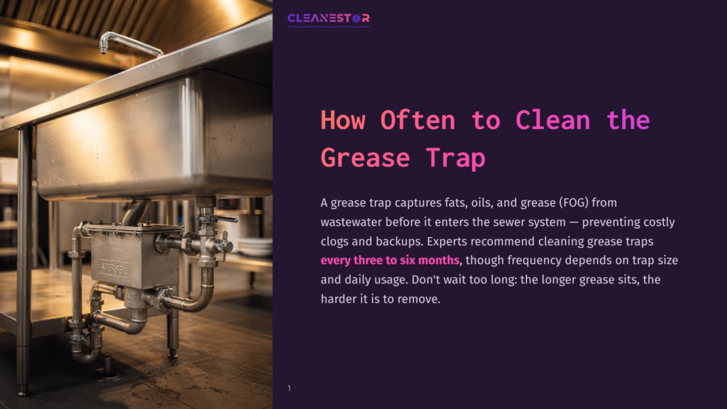 A Commercial Kitchen Sink With A Visible Grease Trap Below, Stainless Steel Pipes, And A Faucet. The Text &Quot;Cleanestor&Quot; Is Visible At The Top.