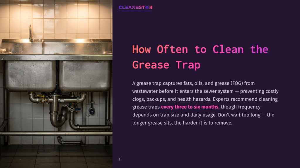1 How Often To Clean The Grease Trap A Stainless Steel Double Sink With Visible Plumbing Below, Set Against A Tiled Wall. Text Overlay Reads: &Quot;Cleanestor&Quot; And &Quot;How Often To Clean The Grease Trap&Quot;.