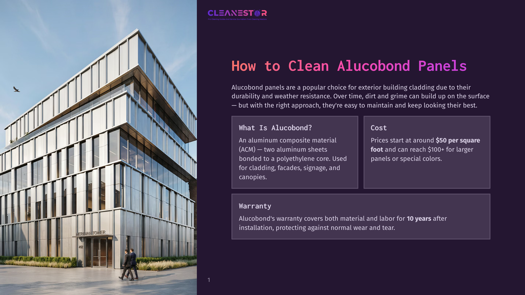 A Modern Office Building With Alucobond Panels, Featuring A Sleek Facade And Large Glass Windows. Text Overlay Reads &Quot;Cleanestor&Quot; And &Quot;How To Clean Alucobond Panels&Quot;.