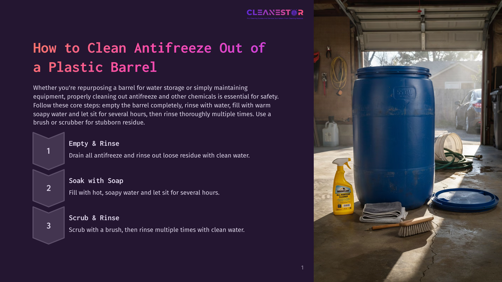 A Blue Plastic Barrel With A 55-Gallon Capacity Sits In A Garage, Ready To Be Cleaned. A Yellow Spray Bottle Of &Quot;Bio-Cleanse All-Purpose Cleaner&Quot; And Cleaning Rags Are Nearby, Suggesting A Cleaning Process.