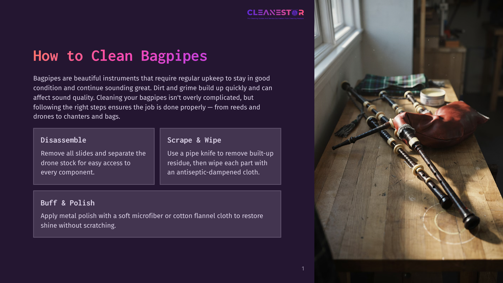 A Collection Of Bagpipes, Including Drones And A Chanter, Lies On A Wooden Table, Ready For Cleaning. A Tin Of Polish And A Cloth Are Also Visible.
