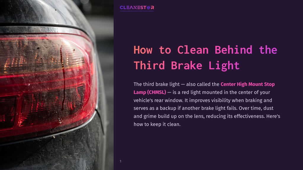 Close-Up Of A Dirty Red Car Taillight, With The Text &Quot;Cleanestor&Quot; And &Quot;How To Clean Behind The Third Brake Light&Quot; Visible On The Right.