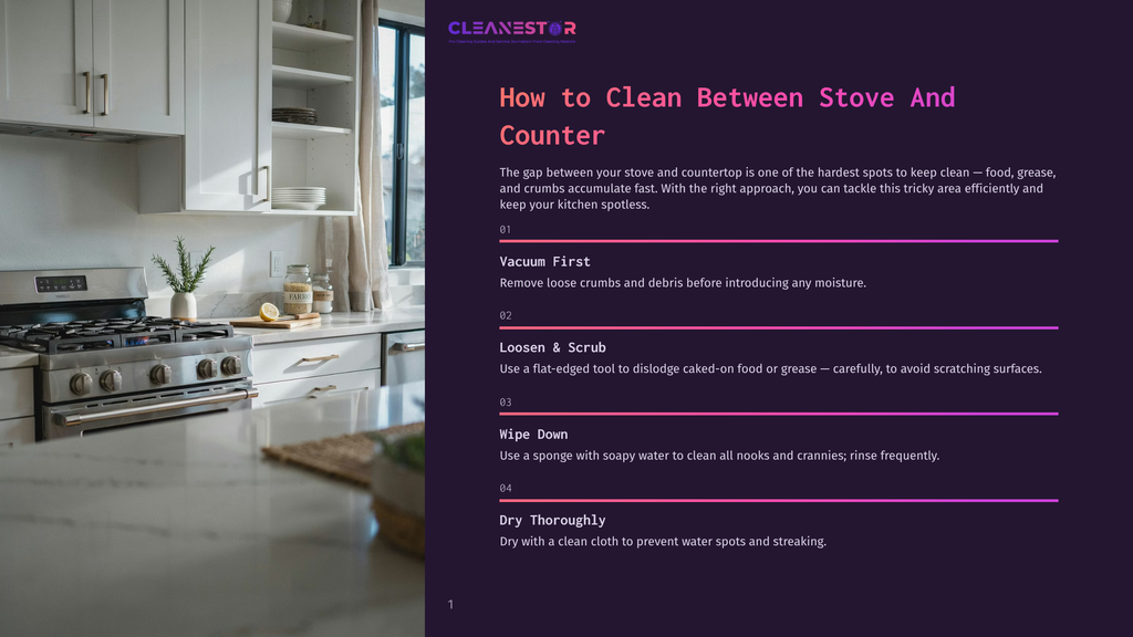 Cleanestor Logo And Text &Quot;How To Clean Between Stove And Counter&Quot; Above Steps: Vacuum First, Loosen &Amp; Scrub, Wipe Down, Dry Thoroughly. A Modern Kitchen Stove And Countertop Are Visible.