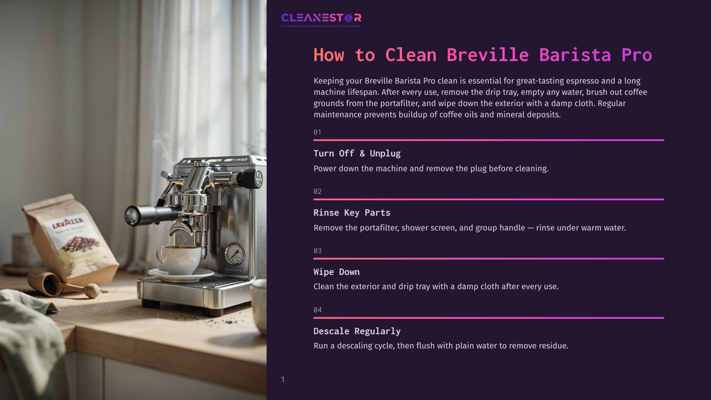 Close-Up Of A Gleaming Silver Breville Barista Pro Espresso Machine On A Wooden Countertop, With A Bag Of Lavazza Coffee Beans In The Background. Text Overlay Reads &Quot;Cleanestor&Quot; And &Quot;How To Clean Breville Barista Pro&Quot;.