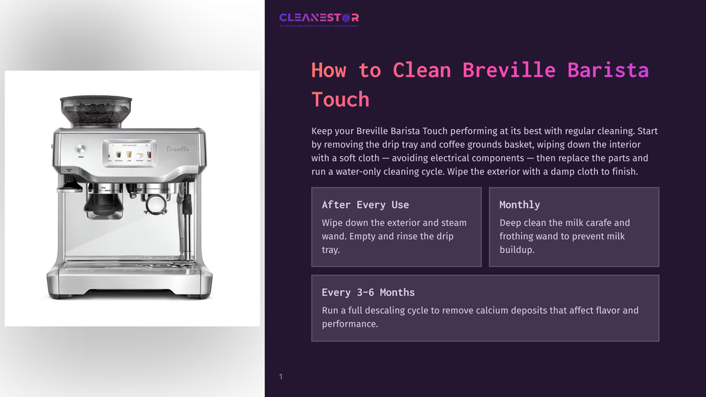 A Silver Breville Barista Touch Espresso Machine Sits On A White Surface, With A Digital Display Showing Coffee Options And A Portafilter In Place. The Text &Quot;Cleanestor&Quot; Is Visible In The Upper Right Corner.