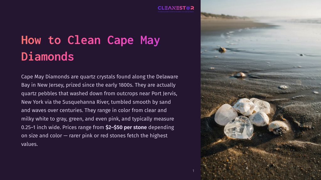 1 How To Clean Cape May Diamonds Close-Up Of Smooth, Clear, And Pink Cape May Diamonds, Which Are Quartz Crystals, Resting On Wet Sand At The Edge Of The Ocean, With Gentle Waves And A Sandy Beach In The Background.