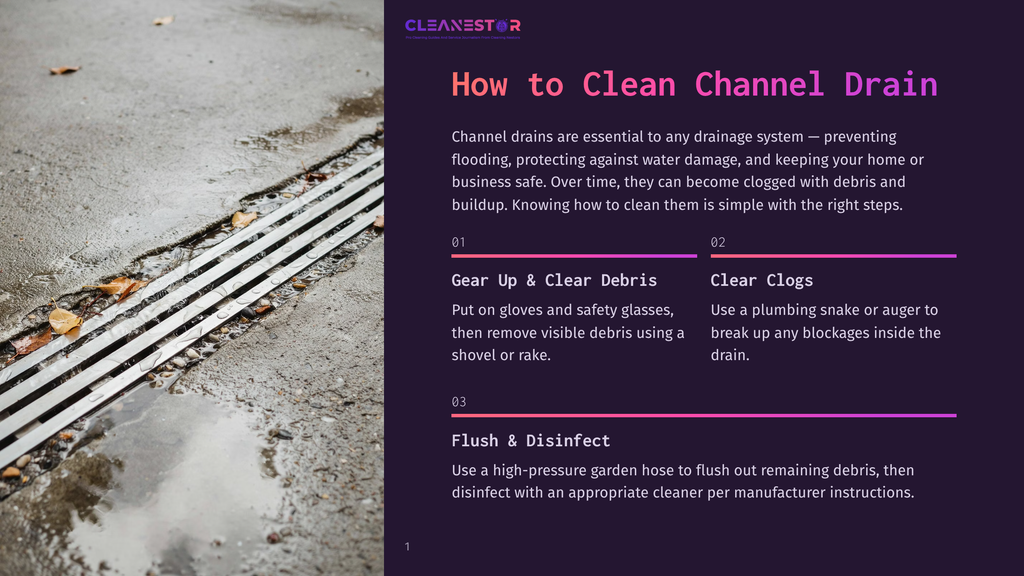 Close-Up Of A Metal Channel Drain On A Wet Concrete Surface With Fallen Leaves, Illustrating How To Clean Channel Drains.