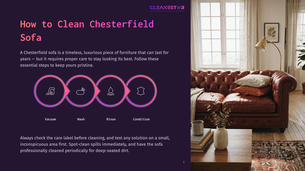 A Luxurious Brown Chesterfield Sofa With Deep Button Tufting Is The Centerpiece Of A Cozy Living Room, Bathed In Warm Light. The Image Also Features A Graphic Overlay Titled &Quot;How To Clean Chesterfield Sofa&Quot; With Cleaning Icons And Text.