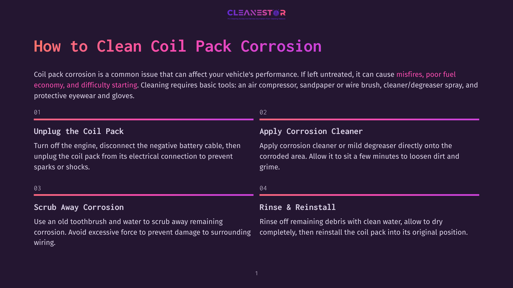Infographic Detailing How To Clean Coil Pack Corrosion, With Steps Like &Quot;Unplug The Coil Pack,&Quot; &Quot;Apply Corrosion Cleaner,&Quot; &Quot;Scrub Away Corrosion,&Quot; And &Quot;Rinse &Amp; Reinstall.