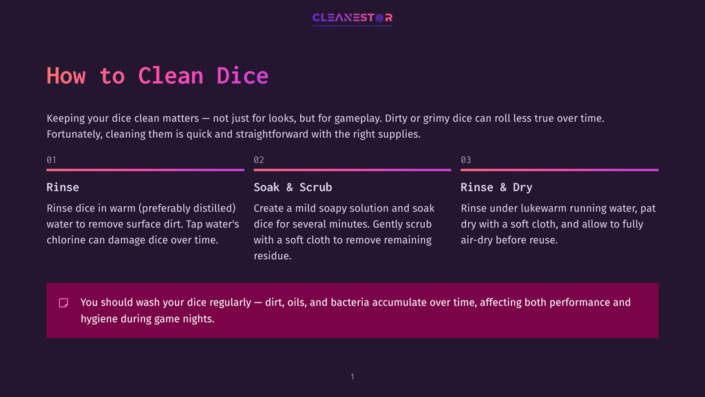 1 How To Clean Dice Infographic Titled &Quot;How To Clean Dice&Quot; With Three Steps: Rinse, Soak &Amp; Scrub, And Rinse &Amp; Dry, Providing Instructions For Cleaning Dice.