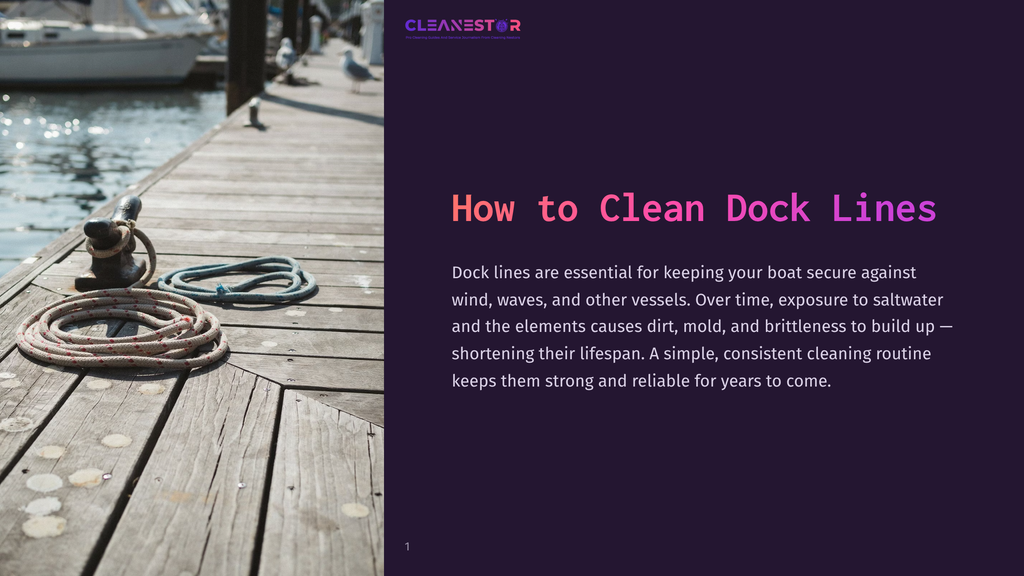 Rope Dock Lines Coiled On A Weathered Wooden Dock, With A Boat And Seagulls In The Background. Text Overlay Reads: How To Clean Dock Lines.