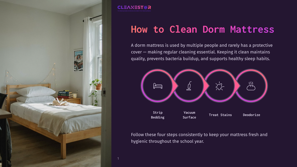 A Clean Dorm Room Bed With White Bedding And A Book On The Mattress, Next To A Window With Sheer Curtains. Text Overlay: &Quot;Cleanestor How To Clean Dorm Mattress&Quot;.