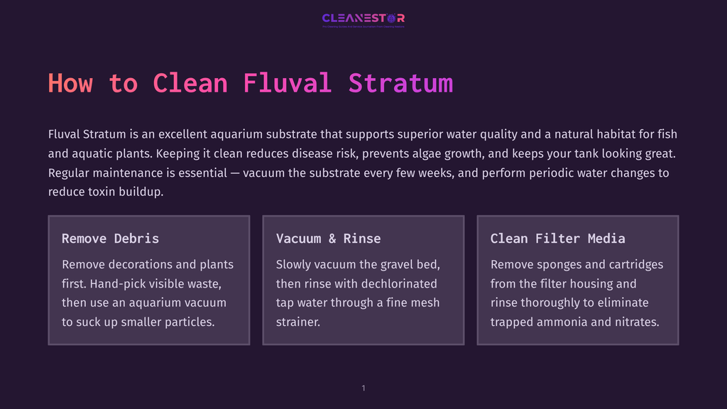 1 How To Clean Fluval Stratum Title Card For &Quot;How To Clean Fluval Stratum&Quot; Featuring The Text And Three Distinct Steps: &Quot;Remove Debris,&Quot; &Quot;Vacuum &Amp; Rinse,&Quot; And &Quot;Clean Filter Media.