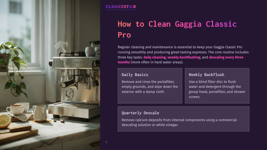 A Gleaming Gaggia Classic Pro Espresso Machine Sits On A Marble Countertop, With Steam Rising From Its Portafilter. Two Small White Cups And A Lemon Are Nearby, Suggesting A Morning Coffee Ritual.