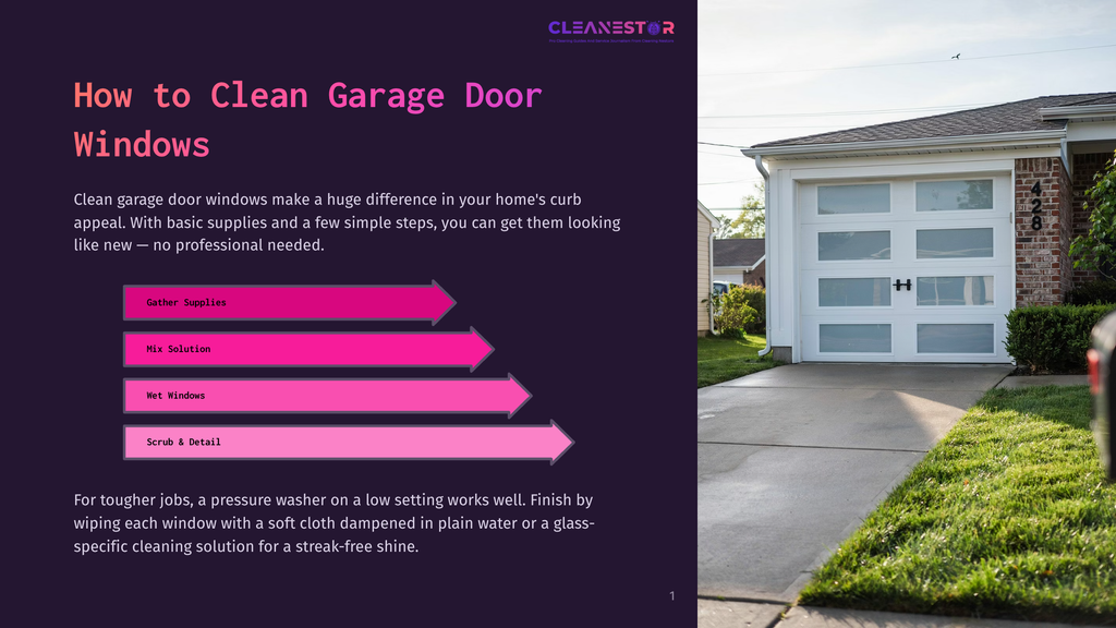 A Modern Garage Door With Multiple Clear Glass Panels, Clean And Reflecting The Sunny Suburban Driveway And Lawn. Text Overlay Reads &Quot;Cleanestor&Quot; And &Quot;How To Clean Garage Door Windows.