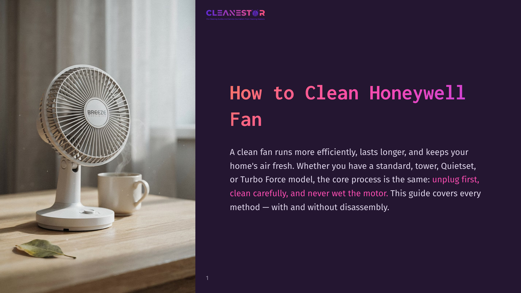 1 How To Clean Honeywell Fan A White Honeywell Breeze Fan Sits On A Wooden Table Next To A Mug Of Coffee, With The Text &Quot;How To Clean Honeywell Fan&Quot; Overlayed On The Right Side Of The Image.