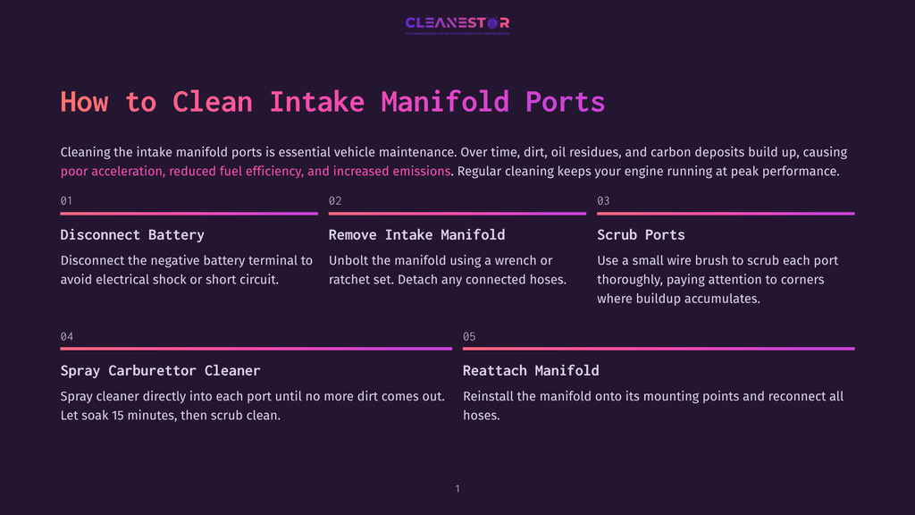 Infographic Titled &Quot;How To Clean Intake Manifold Ports&Quot; With Numbered Steps: 1. Disconnect Battery, 2. Remove Intake Manifold, 3. Scrub Ports, 4. Spray Carburettor Cleaner, 5. Reattach Manifold.