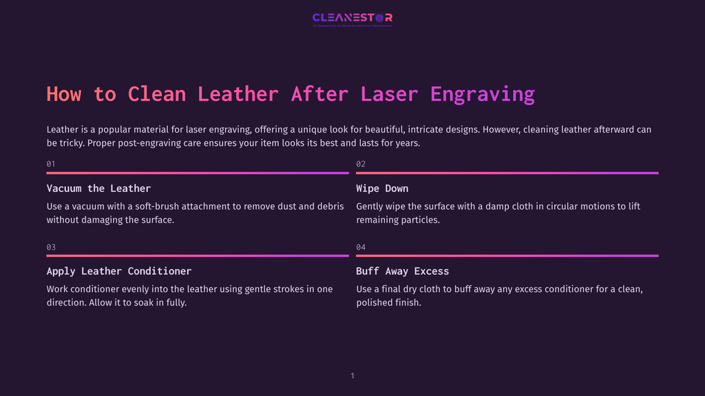Infographic Titled &Quot;How To Clean Leather After Laser Engraving&Quot; With Steps: Vacuum The Leather, Wipe Down, Apply Leather Conditioner, Buff Away Excess.