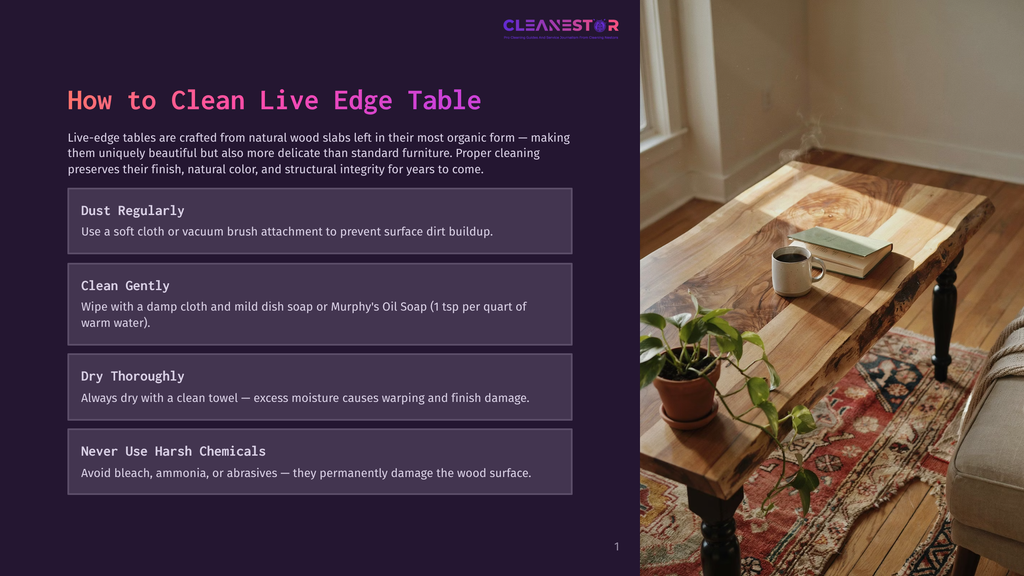 A Live Edge Dining Table With A Rich Wood Grain, A Coffee Mug, Books, And A Potted Plant On Its Surface. Text On The Left Side Of The Image Provides Cleaning Tips For Live Edge Tables.