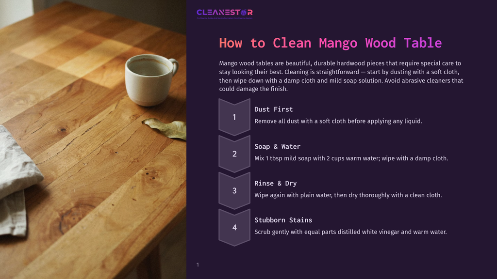 A Close-Up Shot Of A Rustic, Light Brown Wooden Table With A Natural Grain. A White Ceramic Mug And A Dried Leaf Rest On The Table, With A Corner Of A White Cloth Visible In The Lower Left. The Image Also Features Text And Graphics From A Cleaning Guide Titled &Quot;How To Clean Mango Wood Table.