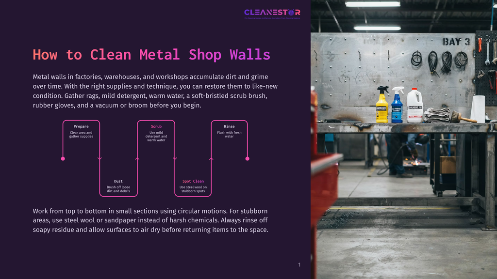 A Metal Workbench In A Workshop, Labeled &Quot;Bay 3,&Quot; Is Cluttered With Cleaning Supplies Like Spray Bottles, Rags, And A Vacuum, Ready For Cleaning Metal Shop Walls.