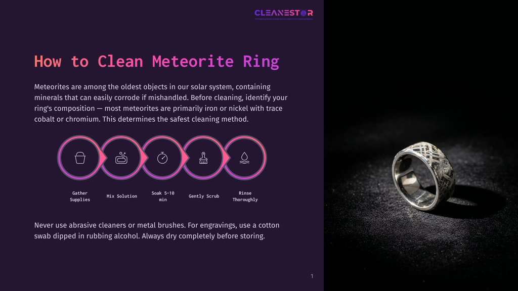 Diagram Showing How To Clean A Meteorite Ring: Gather Supplies, Mix Solution, Soak 5-10 Min, Gently Scrub, And Rinse Thoroughly. A Detailed Meteorite Ring Is Shown.