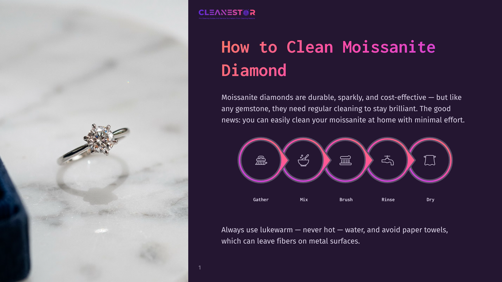 A Sparkling Moissanite Diamond Engagement Ring With A Six-Prong Setting Rests On A White Marble Surface, Next To A Dark Purple Graphic Illustrating How To Clean Moissanite Diamonds With Steps Like Gather, Mix, Brush, Rinse, And Dry.