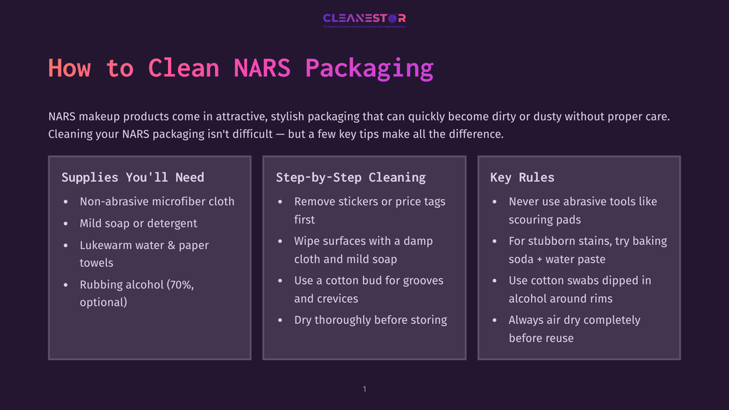 A Dark Purple Slide With The Title &Quot;How To Clean Nars Packaging&Quot; Lists Supplies Needed, Step-By-Step Cleaning Instructions, And Key Rules, With The Cleanestor Logo At The Top.