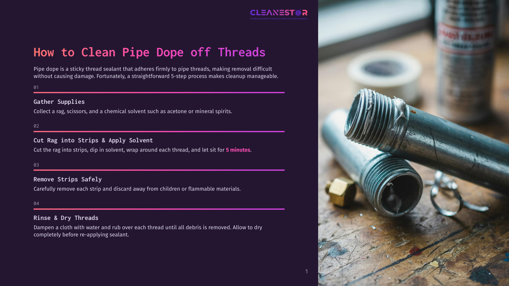 Close-Up Of Pipe Dope On Metal Pipe Threads, With Cleaning Supplies Like Acetone And Rags In The Background. Text Overlay: &Quot;How To Clean Pipe Dope Off Threads.