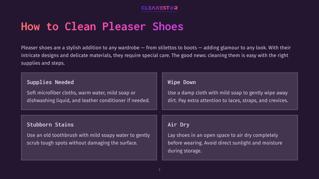 Infographic Titled &Quot;How To Clean Pleaser Shoes&Quot; With Sections On Supplies, Wiping Down, Stubborn Stains, And Air Drying.
