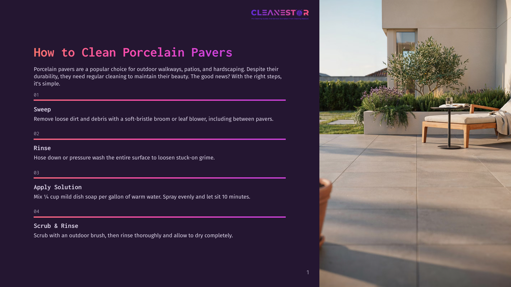 A Modern Outdoor Patio With Large Format Porcelain Pavers, A Comfortable Lounge Chair, And A Potted Olive Tree, With Text Overlay &Quot;How To Clean Porcelain Pavers&Quot; And Cleaning Steps.