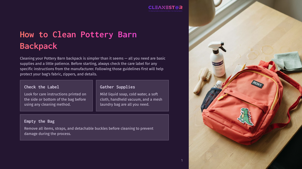 A Red Pottery Barn Backpack With A Dinosaur Patch Sits On A Wooden Table Next To A Spray Bottle, Cleaning Supplies, And A Cloth. Text On The Left Explains How To Clean The Backpack.