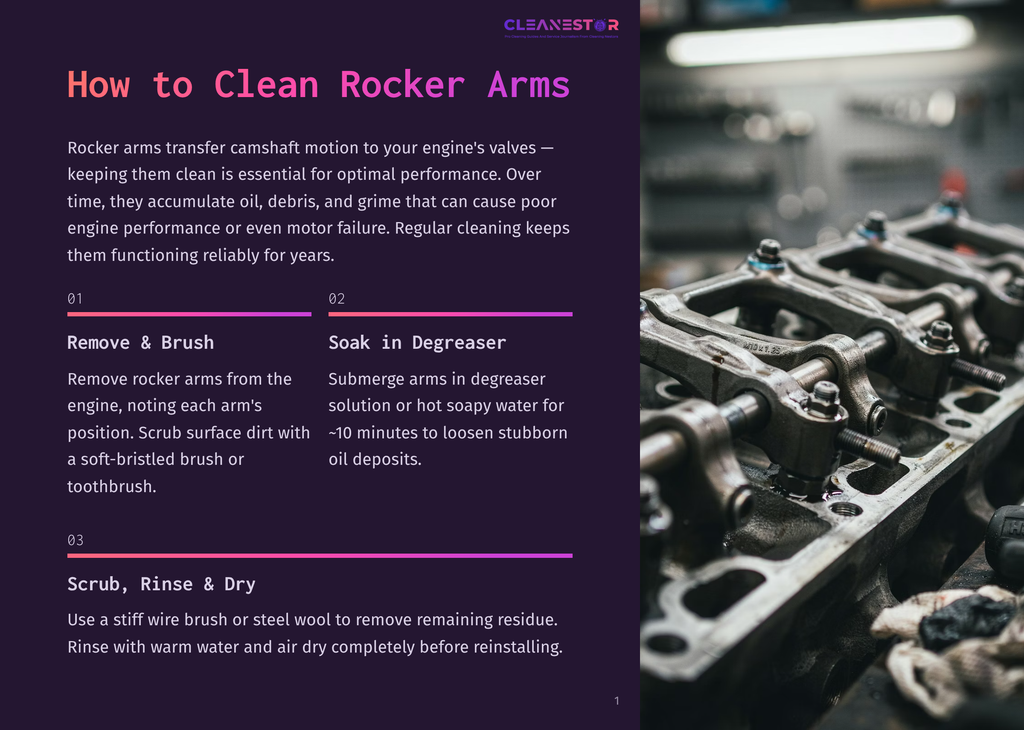 Close-Up Of A Mechanic Cleaning Rocker Arms, With The Text &Quot;How To Clean Rocker Arms&Quot; Overlayed On The Left.