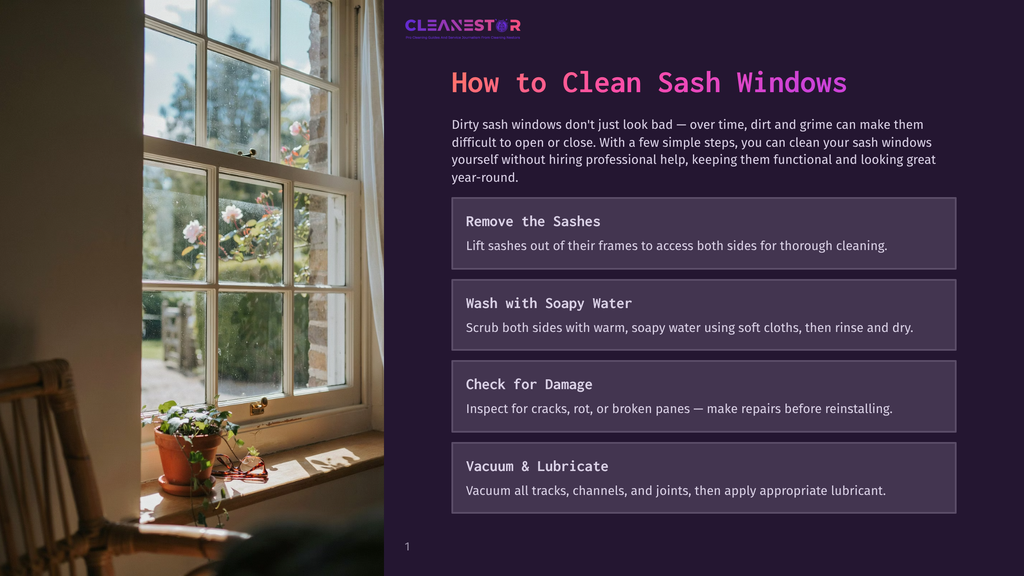 Close-Up Of A Clean Sash Window With Sunlight Streaming Through, Highlighting The Glass Panes And A Potted Plant On The Windowsill. Text Overlay Reads: &Quot;Cleanestor - How To Clean Sash Windows&Quot;.