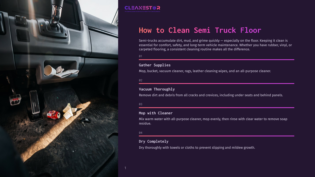 Interior Of A Semi Truck Cab Showing A Dirty Floor With Mud, Debris, And A Toy Car, With Sunlight Streaming In.